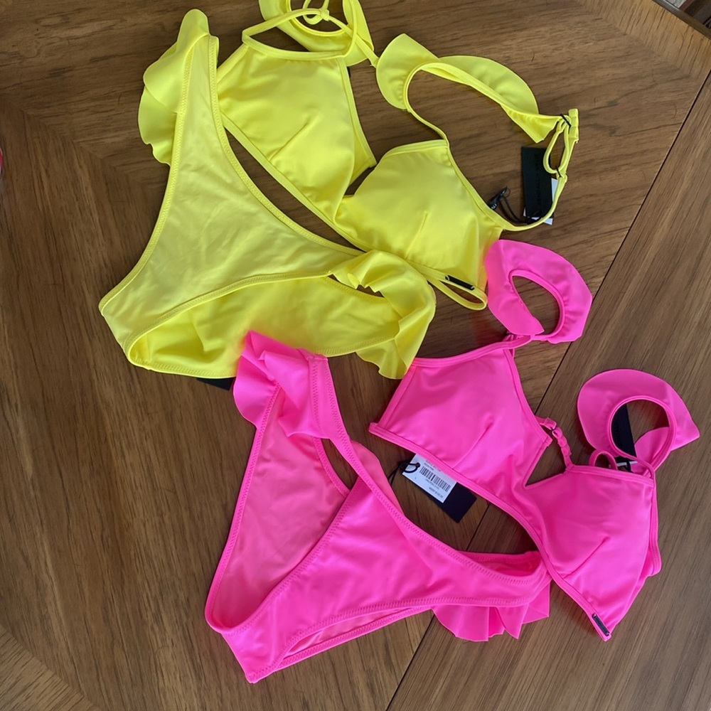 KENDALL & KYLIE RUFFLE BIKINI IN NEON PINK AND YELLOW